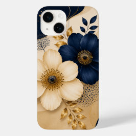 Elegant Navyblauw & Gouden Bloemmotief Case-Mate iPhone 14 Hoesje