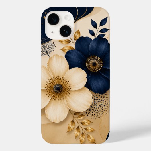 Elegant Navyblauw & Gouden Bloemmotief Case-Mate iPhone Case (Achterkant)
