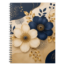 Elegant Navyblauw & Gouden Bloemmotief Notitieboek