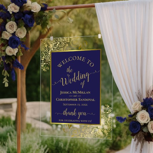Elegant Navyblauw & Gouden Trouwbegroeting Acryl Bord