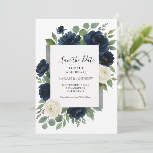 Elegant Navyblauw & Ivoor Bloemen Bruiloft Save The Date (Staand voorkant)