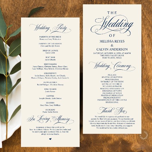 Elegant Navyblauw Ivoor Schrift Huwelijk Programmakaart
