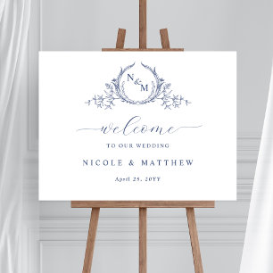 Elegant Navyblauw Monogram Trouw Welkom Bord Poster