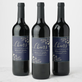 Elegant Navyblauw Proost Trouwdag Wijn Etiket