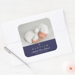 Elegant Navyblauw Religieus Kruis Foto Doopfeest Vierkante Sticker