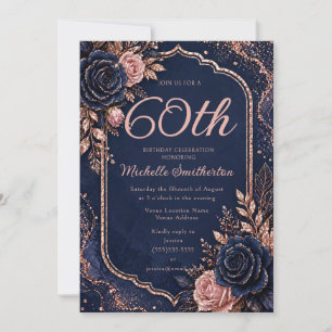 Elegant Navyblauw Roze Goud Glitter 60e Verjaardag Kaart