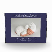 Elegant Navyblauw Schrift Doop Fotoblok (Voorkant)