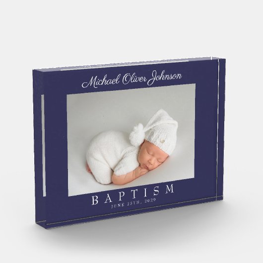 Elegant Navyblauw Schrift Doop Fotoblok (Links)