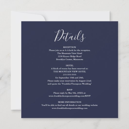 Elegant Navyblauw Schrijfschrift All-in-one Trouws Kaart (Achterkant)