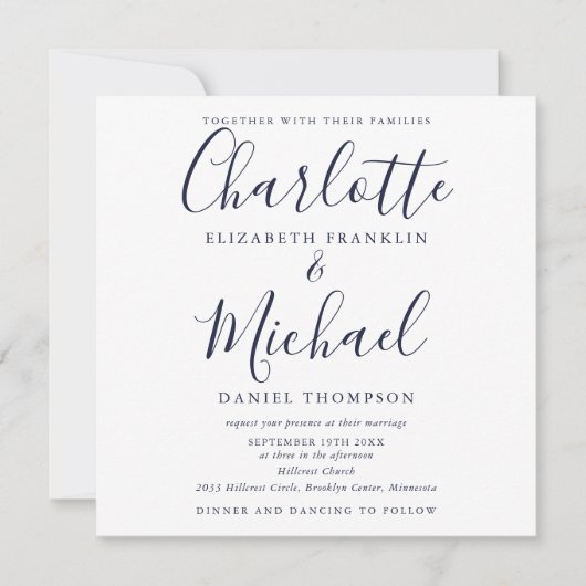 Elegant Navyblauw Schrijfschrift All-in-one Trouws Kaart (Voorkant)
