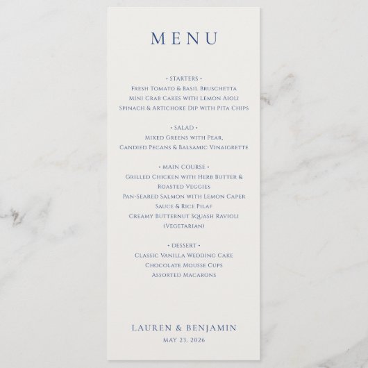 Elegant Navyblauw Serif Trouwmenu Menu (Voorkant)