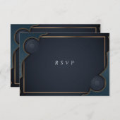 Elegant Navyblauw Turquoise en Goud Modern  RSVP Kaartje (Voorkant / Achterkant)