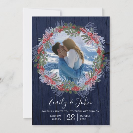 Elegant Navyblauw Winter Bloem Bruiloft Kaart (Voorkant)