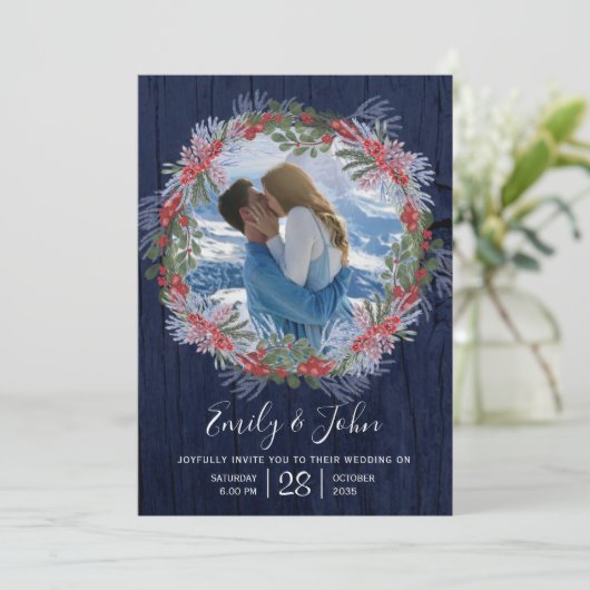 Elegant Navyblauw Winter Bloem Bruiloft Kaart (Staand voorkant)