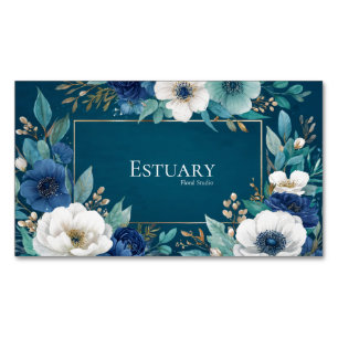 Elegant Navyblauw Witte Anemoon Turquoise Gouden L Magnetisch Visitekaartje