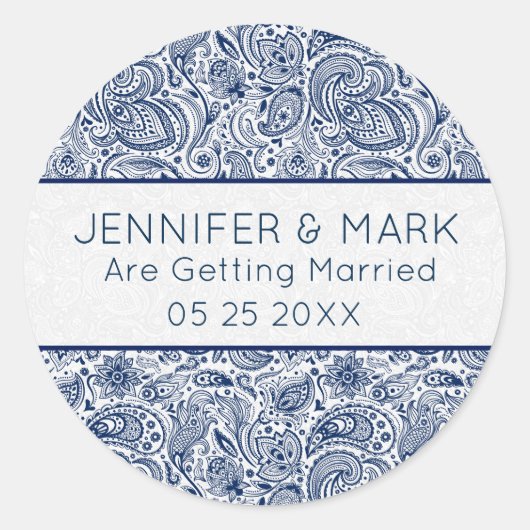 Elegant Navyblauw & Witte Bloemrijke Paisley Kant Ronde Sticker (Voorkant)
