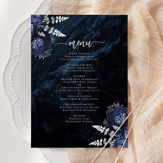 Elegant Navyblauw Zilveren Bloem Bruiloft Menu