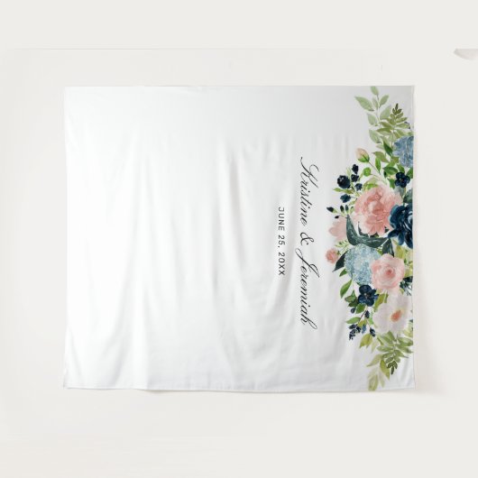 Elegant Navyblauwe Roze Roos Bloem Bruiloft Wandkleed (Voorkant (horizontaal))