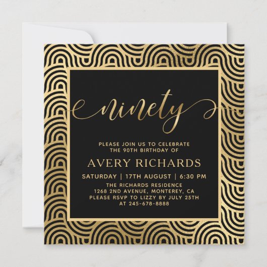 Elegant negentig gouden script zwart 90ste verjaar kaart (Voorkant)