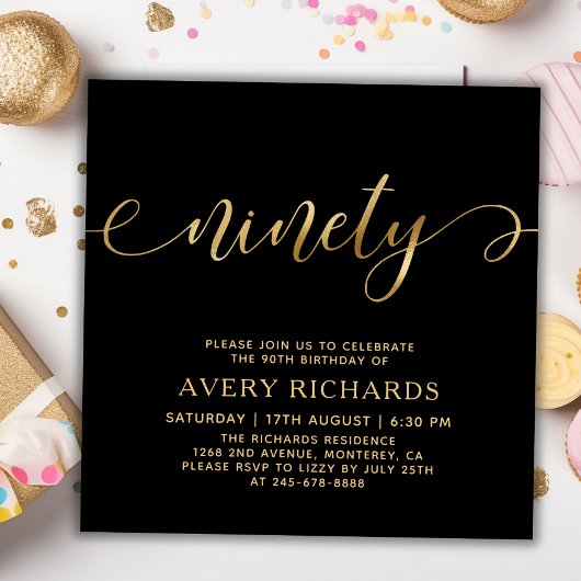 Elegant negentig gouden script zwart 90ste verjaar kaart