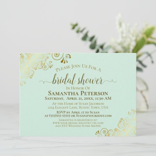 Elegant Neo Mint Green & Gold Lace Vrijgezellenfee Kaart (Staand voorkant)