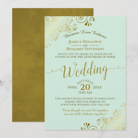 Elegant Neo Mint Green & Gold Wedding Livestream Kaart (Voorkant / Achterkant)