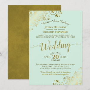 Elegant Neo Mint Green & Gold Wedding Livestream Kaart