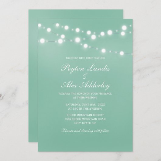 Elegant Neo Mint White String Lights Wedding Kaart (Voorkant / Achterkant)