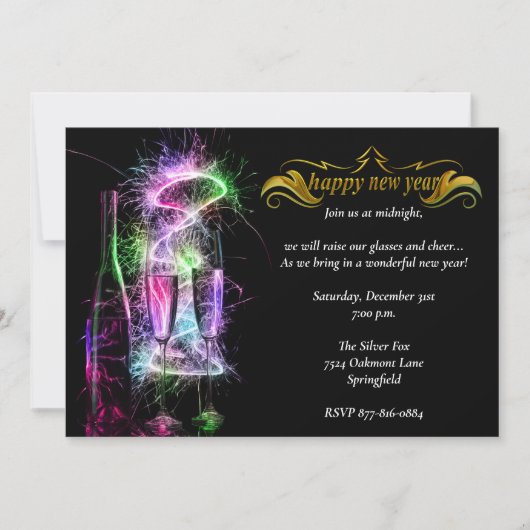 Elegant Neon Champagne New Years Eve Party Kaart (Voorkant)