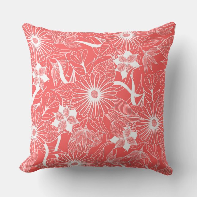 Elegant Neon Coral Pink White Floral Leaves Buitenkussen (Voorkant)