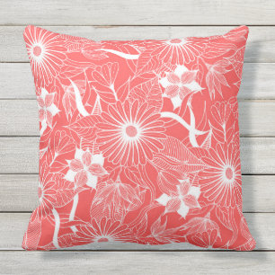 Elegant Neon Coral Pink White Floral Leaves Buitenkussen