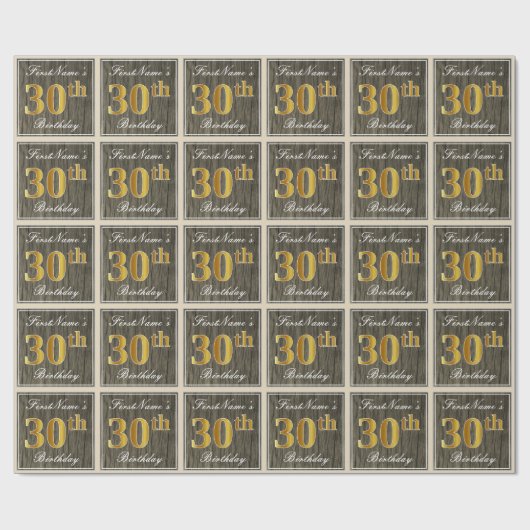 Elegant, Nep Hout, Nep Goud 30e Verjaardag + Naam Cadeaupapier (Vlak)