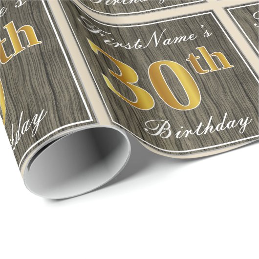 Elegant, Nep Hout, Nep Goud 30e Verjaardag + Naam Cadeaupapier (Rol Hoek)