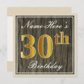 Elegant, Nep Hout, Nep Goud 30e Verjaardag + Naam Kaart (Voorkant / Achterkant)