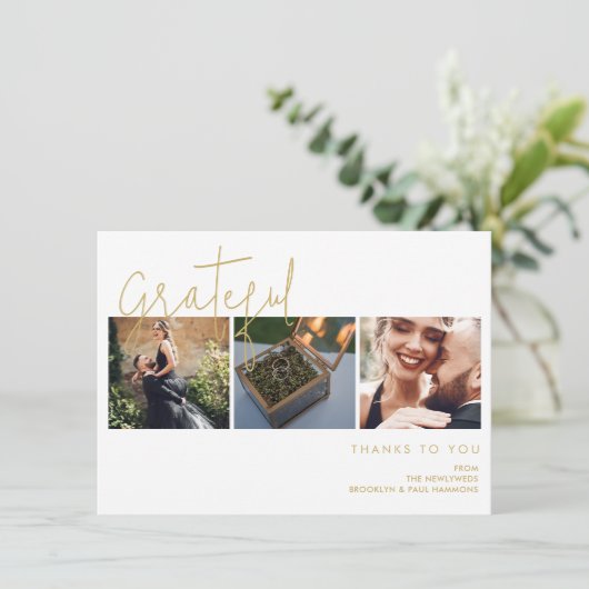 Elegant Nepgoud Effect Dankbaar 3 Foto's Bruiloft Bedankkaart (Staand voorkant)