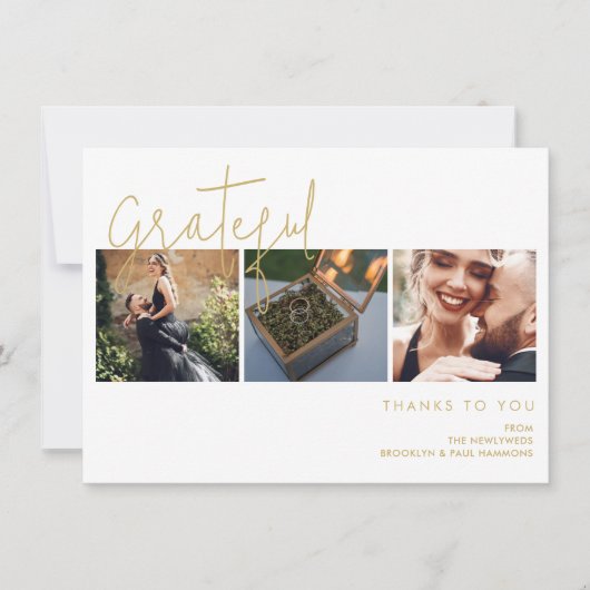 Elegant Nepgoud Effect Dankbaar 3 Foto's Trouwdag Bedankkaart (Voorkant)
