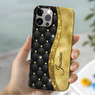 Elegant nepgoud glinsterende zwarte diamant monogr iPhone 13 hoesje