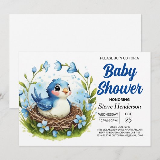Elegant Nest Woodland Bird Boy Baby shower Kaart (Voorkant / Achterkant)