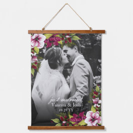 Elegant net getrouwd magenta groen bloemenbruiloft hangend wandkleed