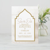 Elegant neutraal beige Gold Modern Sparen de Datum Kaart (Staand voorkant)