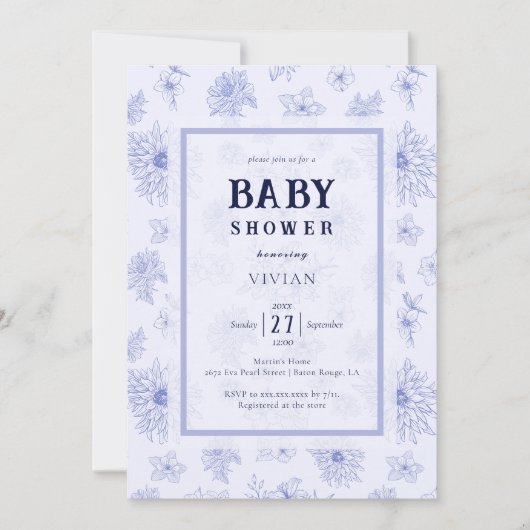 Elegant neutraal blauw bloemenpatroon Baby shower Kaart (Voorkant)