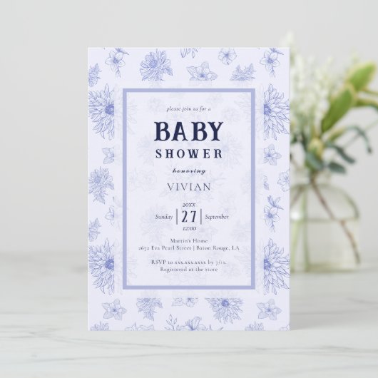 Elegant neutraal blauw bloemenpatroon Baby shower Kaart (Staand voorkant)