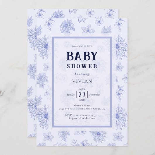 Elegant neutraal blauw bloemenpatroon Baby shower Kaart (Voorkant / Achterkant)