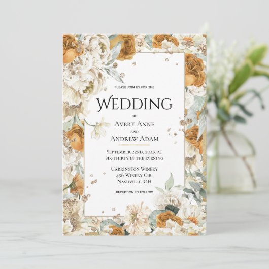 Elegant Neutraal Bloemen Goud Waterverf Bruiloft Kaart (Staand voorkant)