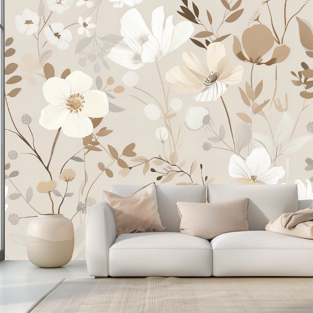 Elegant Neutraal Boho Beige Bloemen Behang (Creator heeft geüpload)
