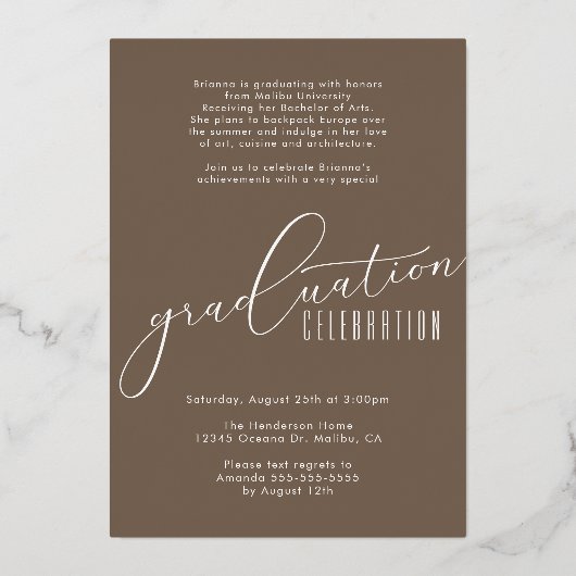 Elegant neutraal foto Afstuderen Folie Uitnodiging (Achterkant)