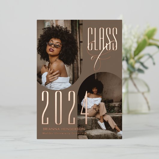 Elegant neutraal foto Afstuderen Folie Uitnodiging (Staand Voorkant)