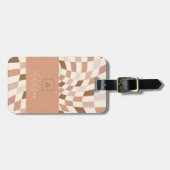 Elegant neutraal geruit gepersonaliseerd monogram bagagelabel (Voorkant horizontaal)