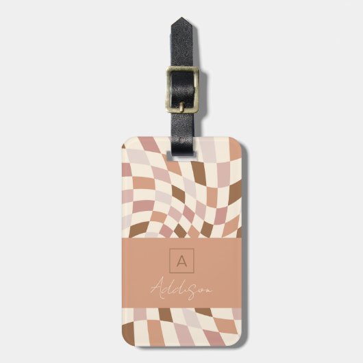 Elegant neutraal geruit gepersonaliseerd monogram bagagelabel (Voorkant verticaal)