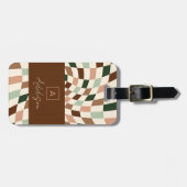 Elegant neutraal geruit gepersonaliseerd monogram bagagelabel (Voorkant horizontaal)